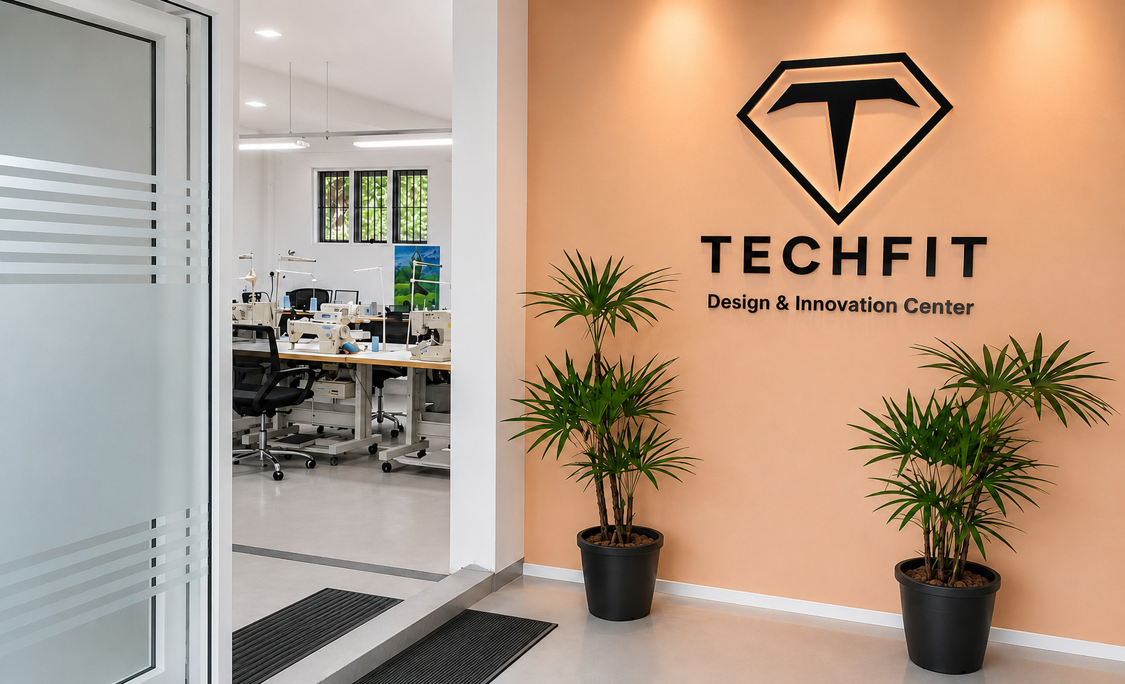 TechFit Design and Innovation Center entrance and development workspace