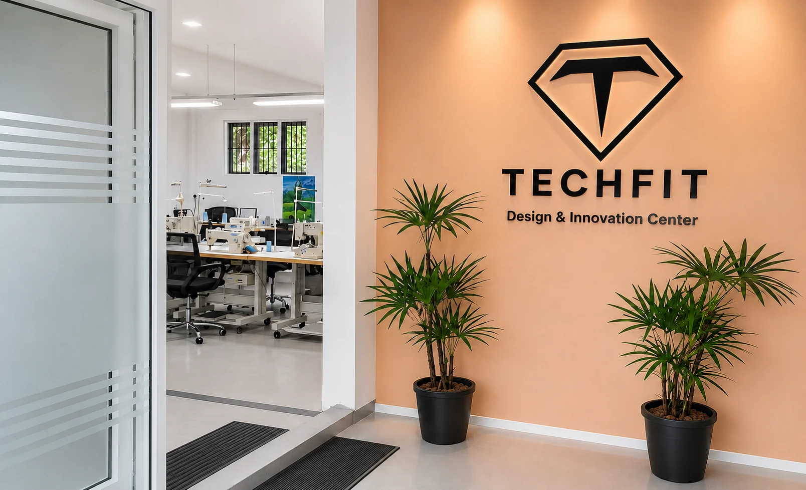TechFit Design and Innovation Center entrance and development workspace