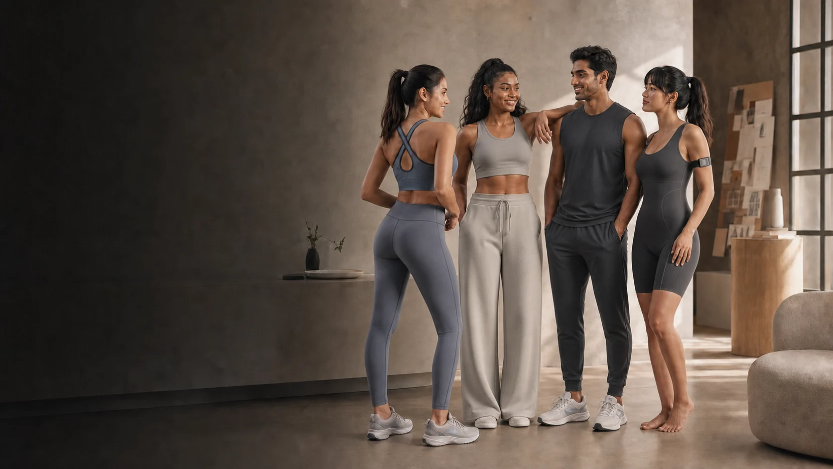 Women and men wearing VYB-inspired athleisure, shapewear and wearable-technology apparel concepts developed by TechFit